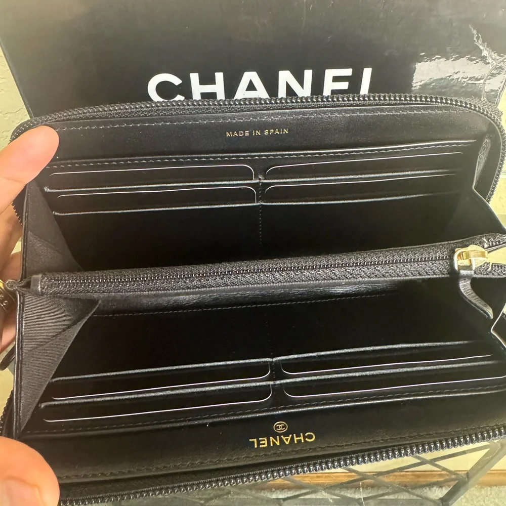 CHANEL Black Quilted Caviar Leather Boy Long Zipped Wallet